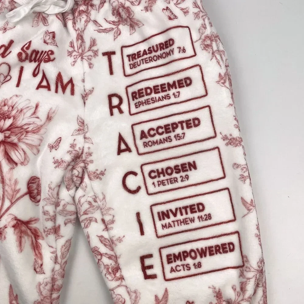 Personalized Red White Fleece Womens M Bible Verses PJ Pants TRACIE Christian